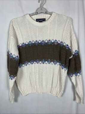 Vintage American Portrait Chunky Knit White and Brown Cotton Sweater